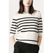 Half Sleeve Striped Color Block Casual Sweater with Round Neck