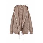 Fashion Hooded Crisscross Tied Embellished Cocoon Long Sleeve Plain Cardigan with Two Pockets