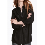 Women's Single Breasted Long Sleeve Lapel Plain Tunic Button Down Shirt with One Pocket