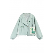 New Stylish Notched Lapel Single Button Drawstring Sides Embroidery Pattern Appliqued Pocket Coat