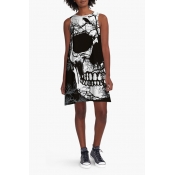 Funny 3D Skull Printed Sleeveless Boat Neck Mini A-Line Dress