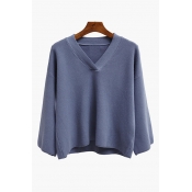 Loose V-Neck Dropped Long Sleeve Plain Pullover Sweater