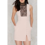 Women's Chic Lace Patched High Neck Sleeveless Pencil Mini Dress with Pockets