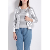 Women's Metallic Collarless Long Sleeve Zipper Placket Plain Bomber Jacket