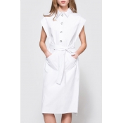 Plain Lapel Single Breasted Belt Waist Short Sleeve Midi Shirt Dress