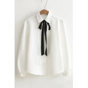 Bow Tied Lapel Single Breasted Long Sleeve Plain Button Down Shirt