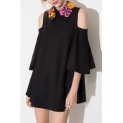 Women's Floral Print Collar Cold Shoulder 3/4 Sleeve Mini Swing Dress