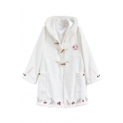 Cute Embroidery Rabbit Pattern Hooded Single Breasted Tunic Wool Coat