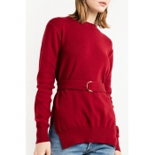 New Stylish Belt Waist Split Sides Long Sleeve Plain Round Neck Sweater