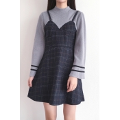 New Stylish Knitted Patchwork Zip-Back Long Sleeve False Two-Pieces Dress