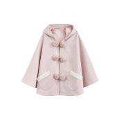 Cute Hooded Single Breasted Long Sleeve Plain Cape Wool Coat with Two Pockets