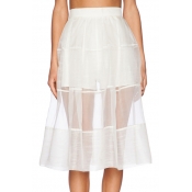 Elegant Sheer Mesh Patchwork Midi Plain Skirt