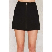 Fashion Zip-Front Plain Mini A-Line Skirt with Two Pockets
