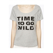 TIME TO GO WILD Letter Printed Scoop Neck Short Sleeve Tee