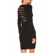 Women's Long Sleeve Round Neck Hollow Out Back Pencil Midi Dress