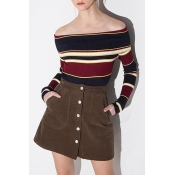 Sexy Fashion Off the Shoulder Striped Color Block Long Sleeve Sweater