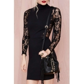 Women's Sexy Hollow Out Back Lace Patched High Neck Long Sleeve Pencil Mini Dress