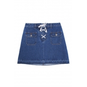 Drawstring Placket Mini A-Line Denim Skirt with Pockets