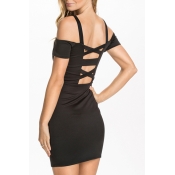 Sexy Bandage Back Spaghetti Straps Cold Shoulder Short Sleeve Mini Bodycon Dress