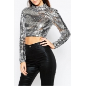 Sexy Sequined Long Sleeve Round Neck Zip-Back Cropped T-Shirt
