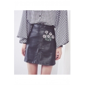 Embroidery Pocket Floral Zip-Back High Waist PU Skirt