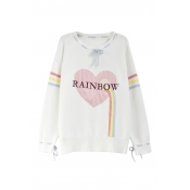 Drawstring Round Neck and Cuffs RAINBOW Embroidery Appliqued Heart Long Sleeve Sweater