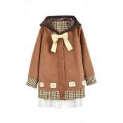 Contrast Bear Hooded Zipper Placket Biscuit Printed Plaid Trim Patchwork Tunic Coat with Bow Front
