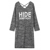 Women's Casual V-Neck Long Sleeve Letter Print Heather Loose Fashion Tee Dress