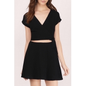 Plunge V-Neck Cutout Waist Short Sleeve Plain Mini A-Line Dress