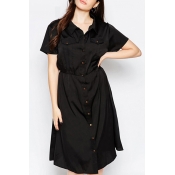 Single Breasted Lapel Elastic Waist Short Sleeve Plain Midi Shirt Dress