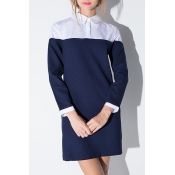 Women's Lapel Collar Long Sleeve Fashion Color Block Shift Mini Dress