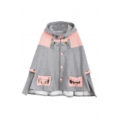 Cute Hooded Cat Fish Pattern Single Breasted Color Block Cape with Two Pockets