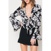 New Arrival Plunge Neck Tie Front Bell Sleeve Floral Print Blouse