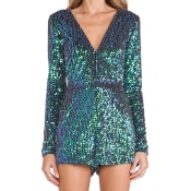 New Stylish Sexy Sequined Plunge V-Neck Long Sleeve Rompers