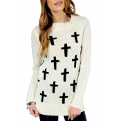 Fashion Contrast Crucifix Pattern Long Sleeve Round Neck Pullover Sweater