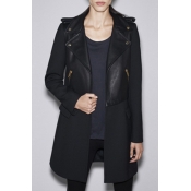 Women's Notched Lapel Half Zipper Placket Long Sleeve Plain Tunic Coat