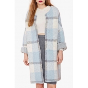 Plaid Color Block Single Breasted Long Sleeve Collarless Tunic Coat