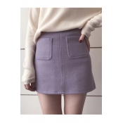 Plain High Waist Zip-Back Mini A-Line Skirt with Two Vertical Pockets