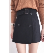 New Stylish Double Breasted Belt Waist Plain Wrap Mini A-Line Skirt