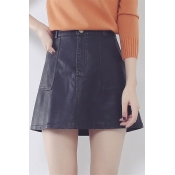 Women's Plain High Waist Button Fly Mini A-Line PU Skirt