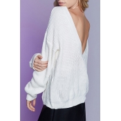 Women's Sexy Plunge V-Back Boat Neck Long Sleeve Plain Sweater