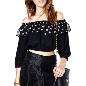 New Stylish Off the Shoulder Polka Dots Ruffle Front 3/4 Length Sleeve Cropped Blouse Top