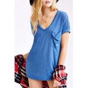 Casual Plunge V-Neck Short Rolled Up Sleeve Plain Tunic Tee with One Pocket