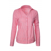 Fashion V-Neck Plaid Single Breasted Long Sleeve Button Down Shirt