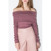 Women's Sexy Off the Shoulder Wrap Front Long Sleeve Plain Sweater