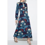 Women's Fashion Hollow Round Neck Long Sleeve Floral Print Retro Party Dress Maxi Dress