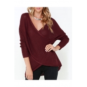 Women;s Sexy V-Neck Wrap Front Long Sleeve Asymmetric Hem Plain Sweater