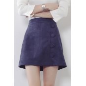 High Waist Plain Zip-Back Velvet Mini A-Line Skirt with Buttons