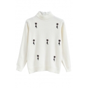 Lovely Layered Mock Neck Embroidery Cat Pattern Long Sleeve Pullover Sweater