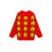 Women's Round Neck Long Sleeve Happy Face Printed Casual Sweater